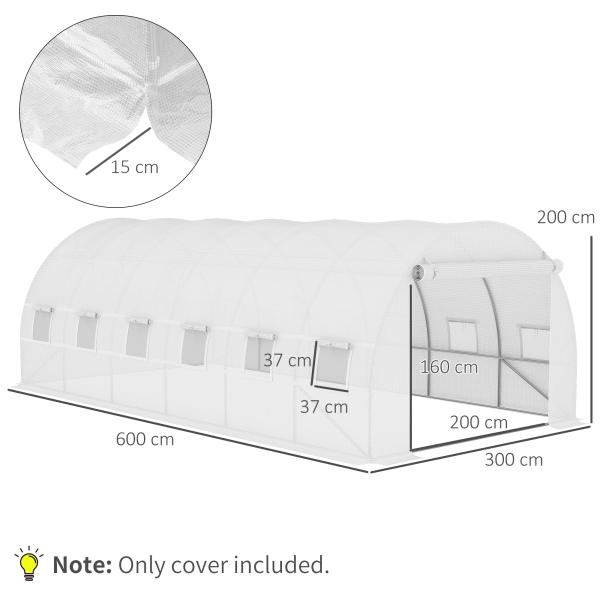 Cobertura de Estufa de Túnel 6x3x2m Cobertura de Substituição de Estufa com 12 Janelas e Portas Enroláveis Branco