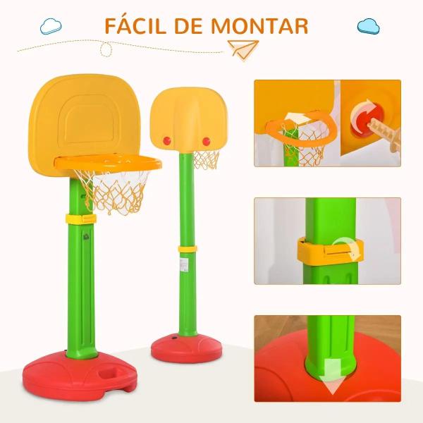 Tabela de Basquetebol Infantil para Crianças acima de 3 anos Altura Ajustável 2 Bolas e Inflador 52,5x44x120 - 160cm Amarelo Verde Vermelho