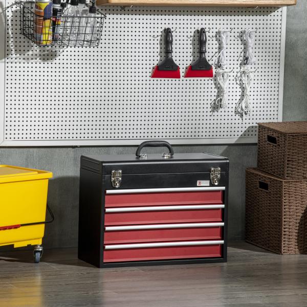 Caixa de Ferramentas de Aço com 4 Gavetas Fechaduras Metálicas Mala de Ferramentas Portátil 51x22x39,5 Preto e Vermelho