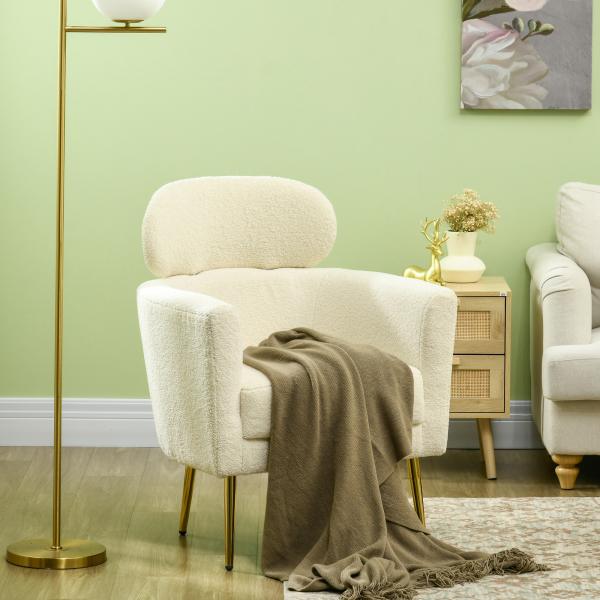 Poltrona Sala de Estar Individual em Borrego com Apoio para a Cabeça e Pés de Metal 71x65x90 cm Creme