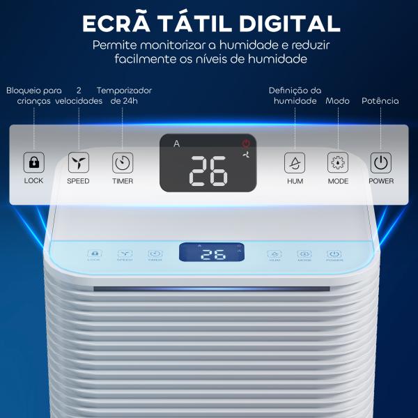 Desumidificador 10L/dia Silencioso com 3 Modos Ecrã LED Temporizador 24H Bloqueio Infantil e Drenagem Contínua Branco