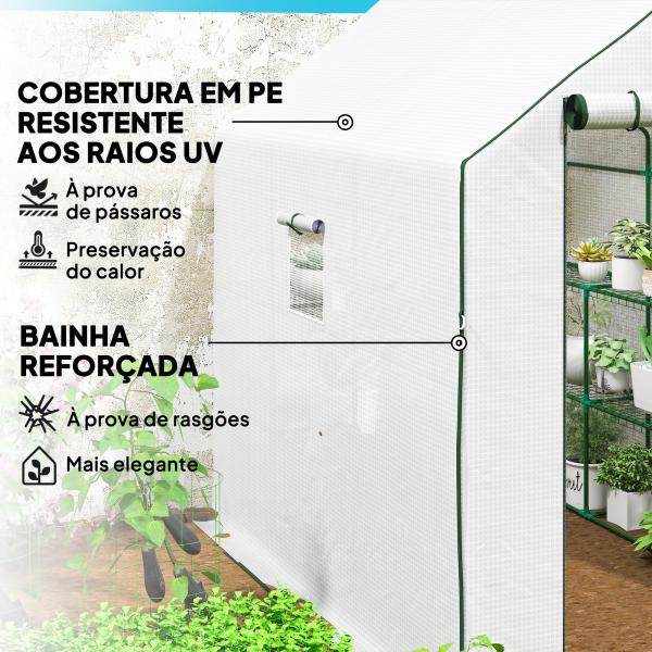 Estufa de Jardim de 3 Níveis com 12 Prateleiras Porta Enrolável Janelas Anti - UV Cobertura de PE 140x213x190 cm Branco