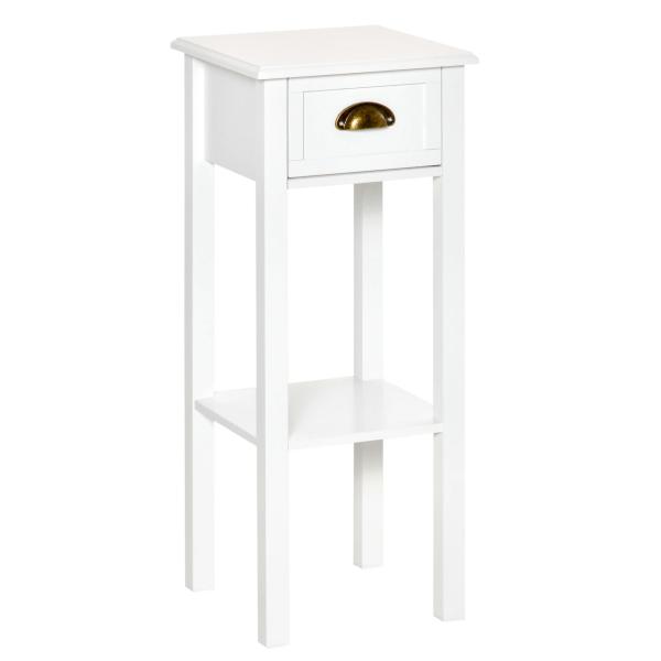 Mesa de Apoio com Gaveta e Prateleira de Armazenamento Estilo Moderno 30x30x75cm Branco