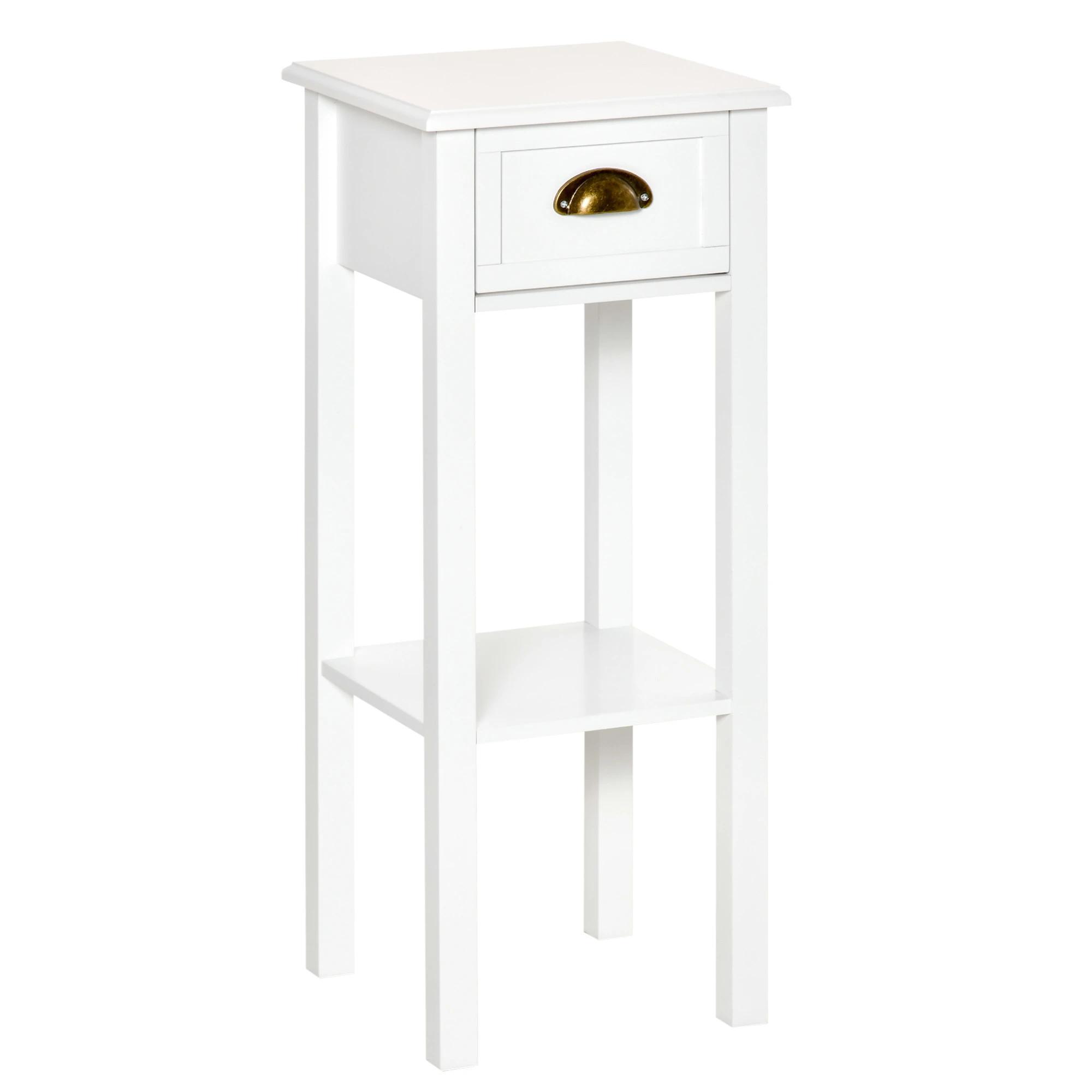 Mesa de Apoio com Gaveta e Prateleira de Armazenamento Estilo Moderno 30x30x75cm Branco