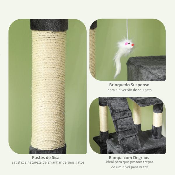 Arranhador para Gatos Grande 49x49x173 cm com Múltiplos Níveis Cavernas e Brinquedos Suspensos Cinza