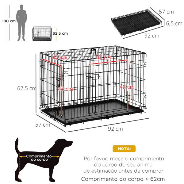 Gaiola para Cães com 2 Portas Gaiola para Animais de Estimação Dobrável com Alça de Transporte Aço 92x57x62,5cm Preto