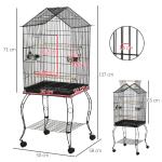 Gaiola para Pássaros com Suporte Rodas Bandeja Amovível 2 Comedouros e Prateleira Inferior de Metal 50x58x145 cm Preto