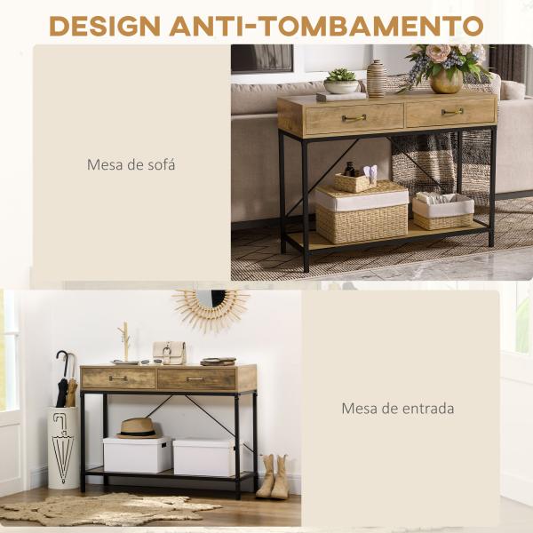 Mesa Consola Industrial Mesa de Sofá com 2 Gavetas e Prateleira para Entrada com Pés de Metal Castanho e Preto