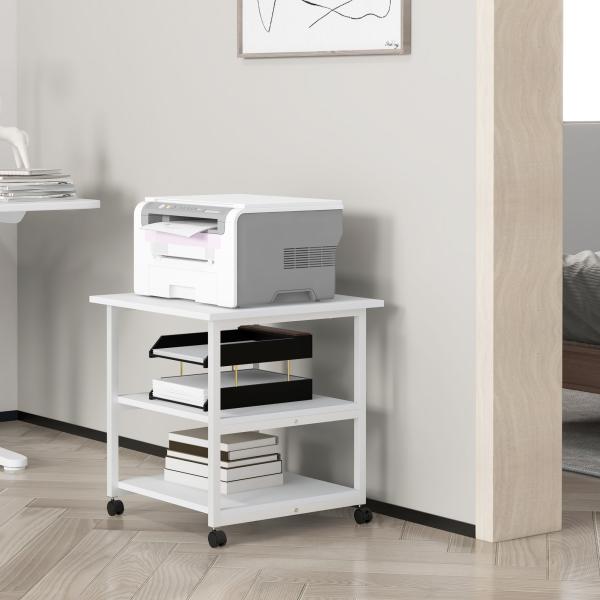 Suporte para Impressora de 3 Níveis com Rodas e Prateleiras de Arrumação 50x50x52,5 cm Branco