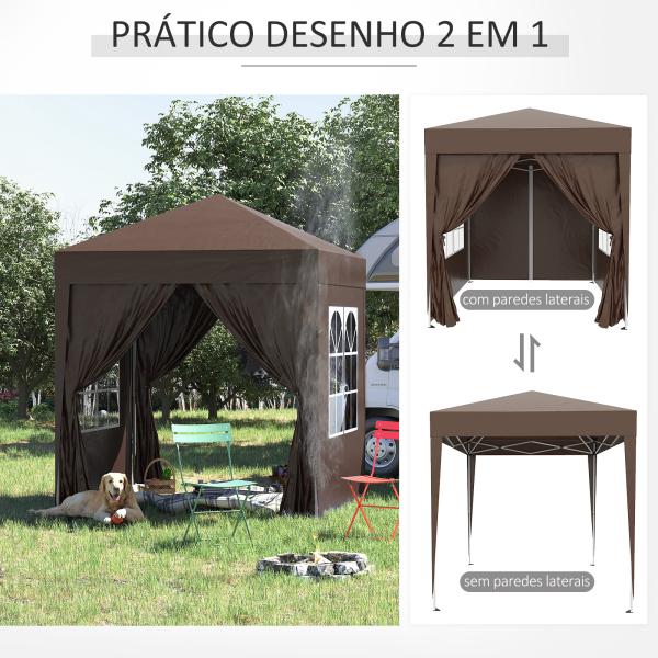 Tenda Dobrável 2x2 m Tenda de Jardim com 4 Paredes Laterais Tecido Oxford 2 Portas 2 Janelas e Bolsa de Transporte Marrom