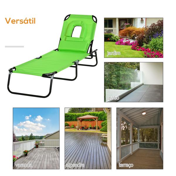 Espreguiçadeira Dobrável com Encosto Regulável em 4 Posições, Espreguiçadeira de Jardim com Orifício para Leitura, Almofada, Estrutura Metálica e Tecido Oxford para Praia e Terraço, Peso Máx. 120 kg, 190x56x28 cm, Verde