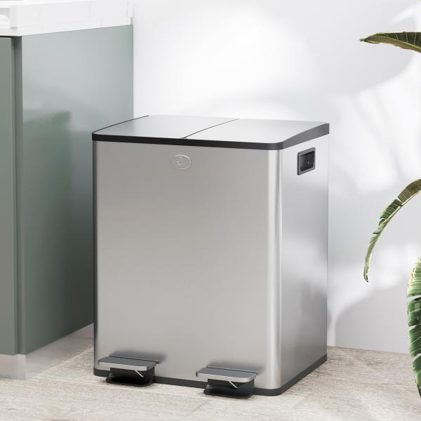 Balde de Lixo de Cozinha com 2 Compartimentos 2x20L Pedal Tampa de Fechamento Suave e Cubo Amovível Prata