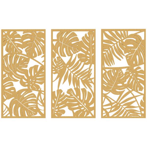 Decoração de Parede de Madeira 3D 3 Peças 40x80 cm Adornos com Padrão de Folhas Tropicais Madeira