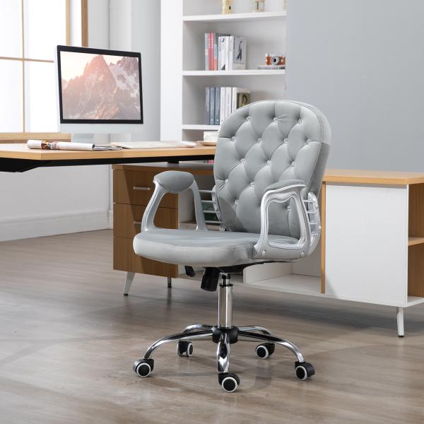 Cadeira de Escritório Estofada em Veludo Cadeira Giratória com Altura Ajustável e Decorações de Cristal 59,5x60,5x95 - 105 cm Cinzenta