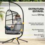 Cadeira Suspensa com Suporte Cesto Dobrável de Vime Almofada Grossa e Altura Ajustável 101x105x196 cm Cinza Claro