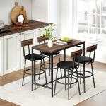 Conjunto de Mesa Alta de Bar com 4 Bancos, Assentos em PU com Encosto e Apoio para os Pés, Castanho