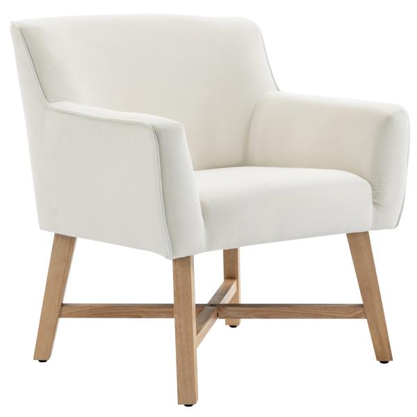 Poltrona de Sala de Estar Estofada em Veludo Poltrona Relax Moderna com Apoio para os Braços Acolchoados Pés de Madeira e Base Cruzada para Dormitório 67x65x74cm Branco Creme
