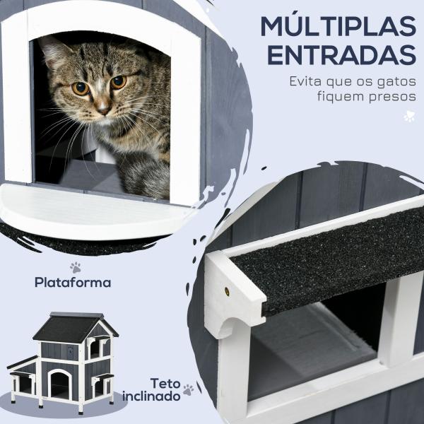 Casa para Gatos de Madeira com Suporte para Flores de 2 Níveis e Teto Asfáltico 96x65x85,5 cm Cinza