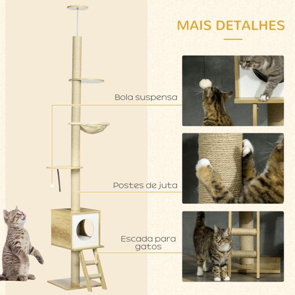 Árvore para Gatos do Chão ao Teto 220 - 260cm com Altura Ajustável Plataformas Rede Caverna Poste de Juta 40x40225 - 285cm Bege