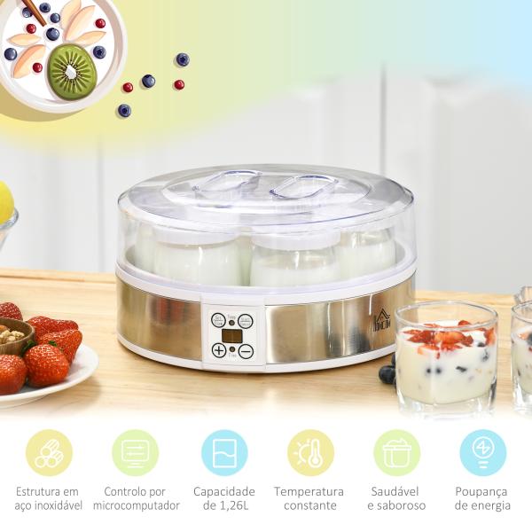 Iogurteira 20W Capacidade 1,26L com 7 Frascos de Cristal de 180 ml Termóstato Ajustável Temporizador de 1 - 48 horas 24x24x13 cm Branco