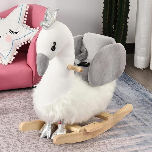 Cavalo Baloiço para Bebés com Forma de Cisnei com Sons Apoio para os Pés e Cinto de Segurança 60x33x59 cm Branco e Cinza