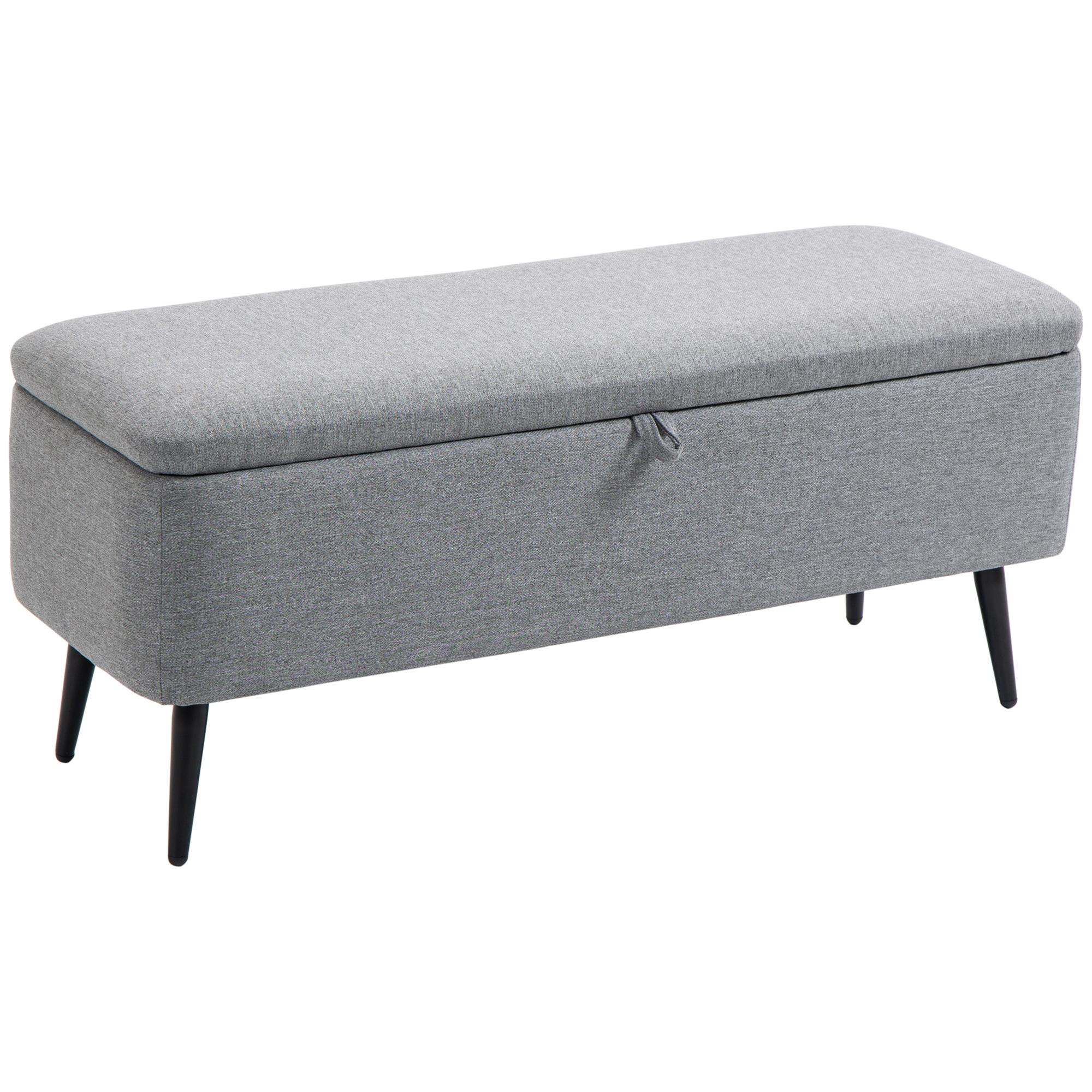 Banco de Armazenamento Estofado em Linho com Tampa Abatível e Pés de Aço Carga Máxima 150kg 101x38,5x44,5 cm Cinza