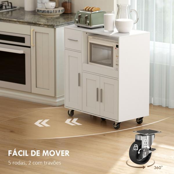 Móvel Auxiliar de Cozinha com Rodas para Microondas com Bandeja Deslizante Gaveta 3 Portas Prateleira Ajustável 80x40x88,7 cm Branco