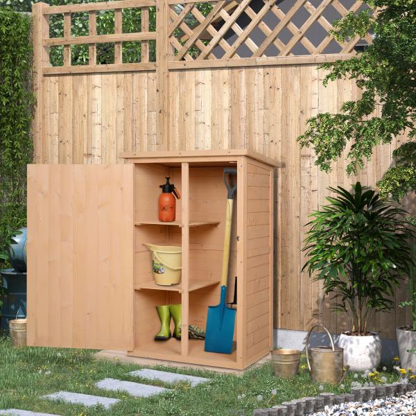 Armário de Jardim de Madeira para Ferramentas com 3 Prateleiras Interiores Porta com Trava e Teto Asfáltico 75x56x115cm Madeira