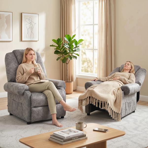 Poltrona Relax Reclinável com Apoio para os Pés Retrátil Encosto Alto Bolso Lateral Acolchoado Grosso 88x91x108 cm Cinzento