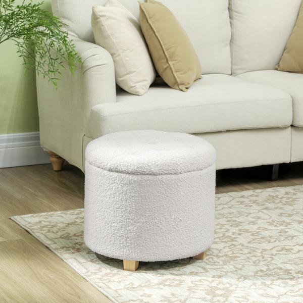 Puff de Armazenamento Banco de Armazenamento Redondo 40,5L 45x45x41 cm Estofado em Borreguito Banco Apoia - Pés Branco
