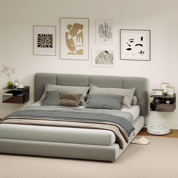 Conjunto de 2 Mesas de Cabeceira Flutuantes com Gaveta e Prateleira Aberta para Sala de Estar, 35x32x22,5 cm Preto Brilhante