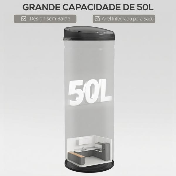Caixote do Lixo Automático 50 L com Sensor Infravermelho, Fecho Automático, Antidedadas, Aço Inoxidável, Preto