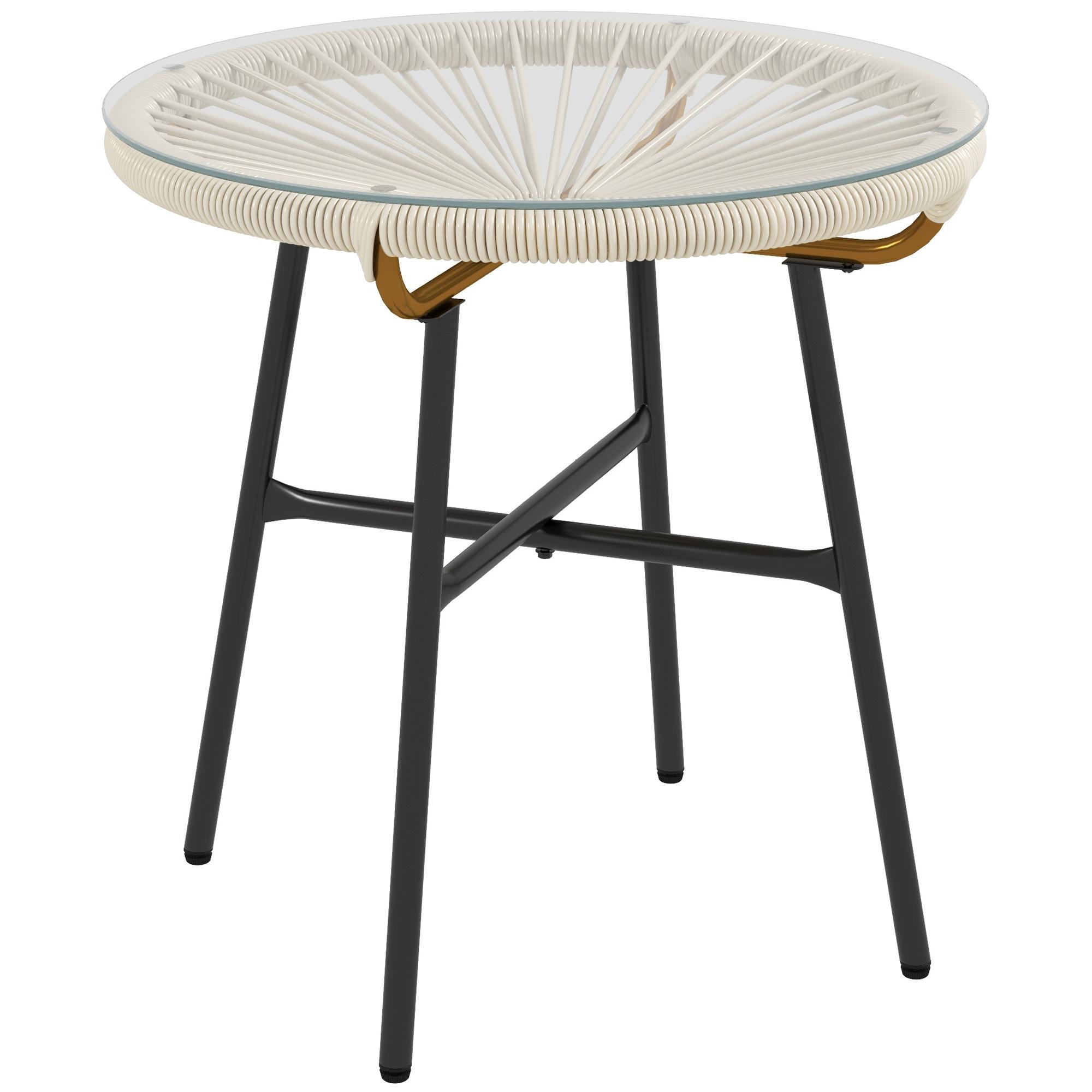 Mesa Auxiliar de Vime Sintético para Exteriores com Bancada de Vidro Temperado e Pés de Metal Ø50x50 cm Creme e e Preto