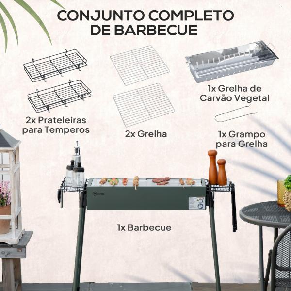 Barbecue a Carvão com 2 Grelhas de Aço Inoxidável Portátil com 2 Prateleiras para Temperos com Ganchos 77x30x70 cm Verde