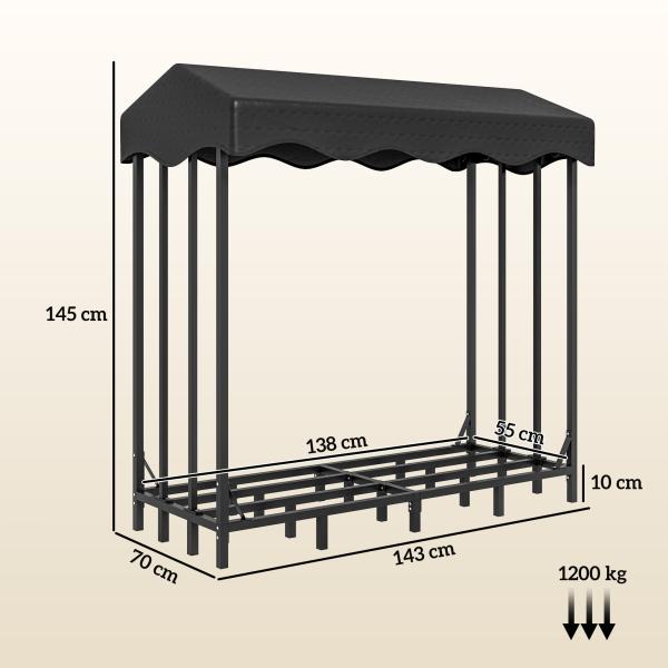 Suporte para Lenha com Cobertura Estante para Lenha de Metal com Estrutura Reforçada e Anéis de Bloqueio 143x70x145 cm Preto