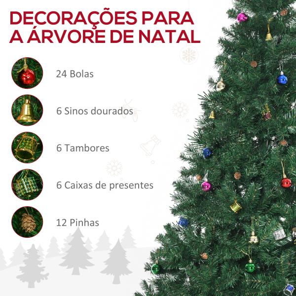Árvore de Natal Artificial 210cm Ignífugo com 1036 Ramos 53 Decorações Folhas de PVC e Suporte Metálico Verde