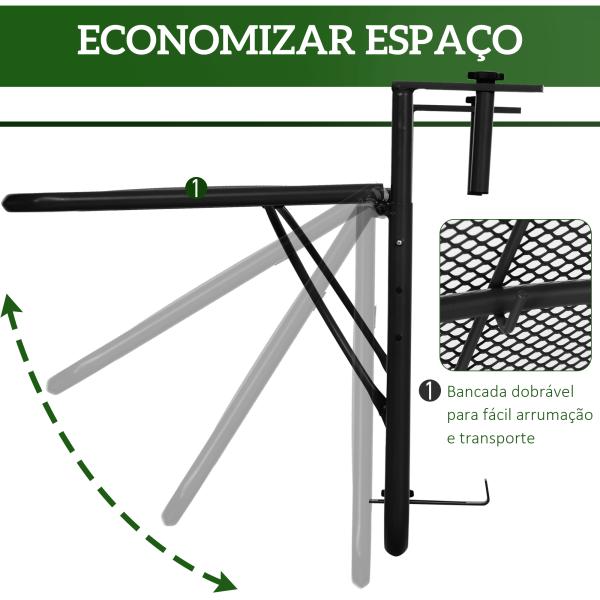 Mesa Suspensa para Varanda com Braço Regulável e Altura Ajustável em 3 Posições Estrutura de Metal 60x56,5x45 cm Preto