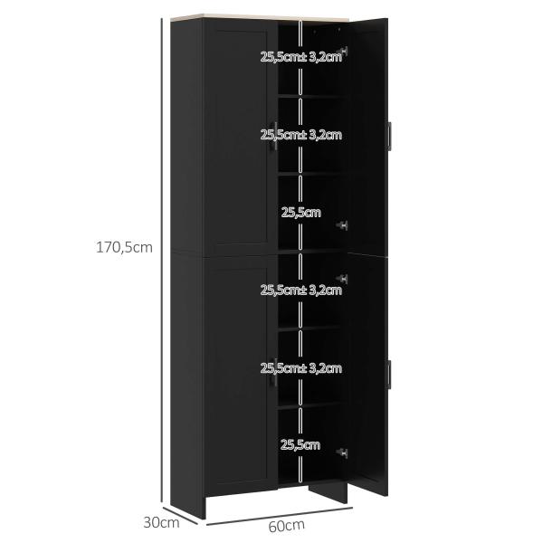 Armário de Cozinha com 4 Portas e Prateleiras Ajustáveis Anti - Tombo 60x30x170,5 cm Preto