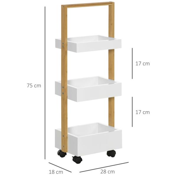 Carrinho de Casa de Banho de Bambu com Rodas e 3 Cestos de Armazenamento 28x18x75 cm Branco e Madeira