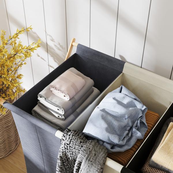 Cesto para Roupa Suja Dobrável com 3 Compartimentos Capacidade 129L com Estrutura de Bambu e Sacos Removíveis Multicolor