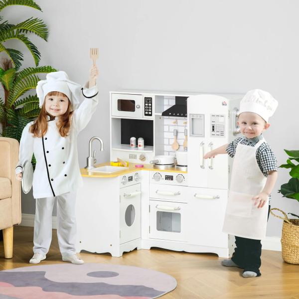 Cozinha Infantil de Madeira para Crianças de 3 - 6 Anos com Sons 14 Acessórios Cozinha Infantil com Telefone Lavatório Microondas e Grifo 82x65x87cm Branco