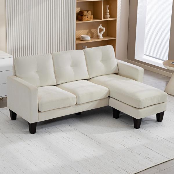 Sofá Chaise Longue Sofá em Forma de L Estofado em Poliéster Sofá de Canto Reversível 186x130x84 cm Creme