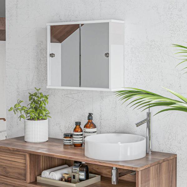 Armário Casa de Banho com Espelho Prateleira Ajustável e Porta de Correr Dupla com Espelho 55x15x45 cm Branco Brilhante