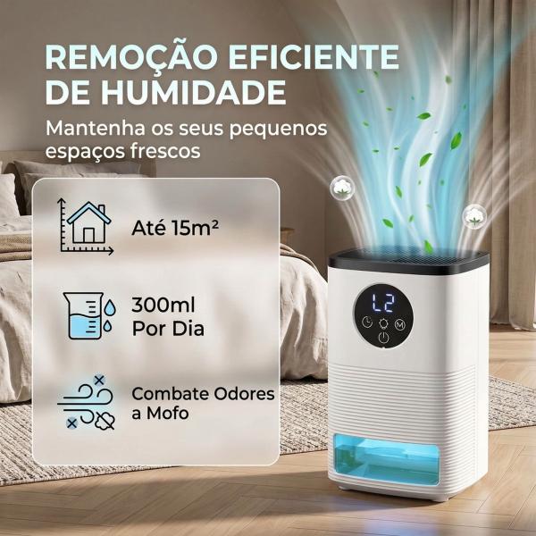 Desumidificador 0,3 L/dia para 15 m², Depósito de 1,4 L, Luz RGB, Temporizador 24 h, Ecrã LED, Branco