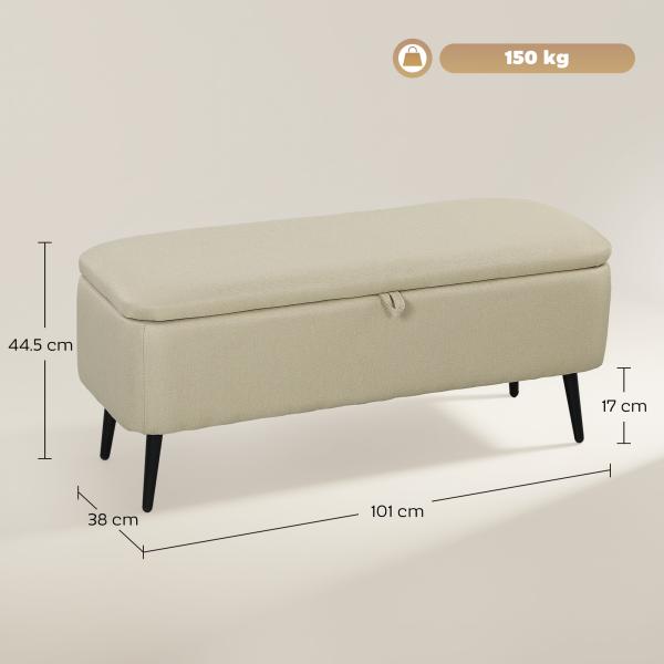 Banco de Armazenamento Estofado em Linho com Tampa Abatível e Pés de Aço Carga Máxima 150kg 101x38,5x44,5 cm Bege