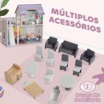 Casa de Bonecas com Móveis e Acessórios Casa de Bonecas de Madeira com Varanda e 2 Andares 60x26,6x60 cm Multicor