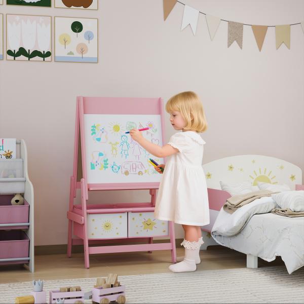 Cavalete de Pintura para Crianças 3 em 1 para Crianças acima de 3 Anos com Rolo de Papel e Cestos de Arrumação 54x46x94 cm Rosa