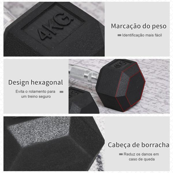 Conjunto de Halteres de 2x4 kg com Barra Metálica e Cabeça Hexagonal Conjunto Pesos para Treino 27,2x10,5 cm Preto e Prata