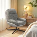 Poltrona Giratória Moderna com Base Cruzada Estofada em Chenille e Couro PU Assento Largo Duplo Pernas de Aço 78x95x99 cm Cinza