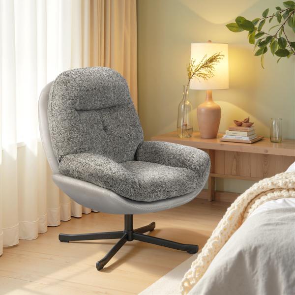 Poltrona Giratória Moderna com Base Cruzada Estofada em Chenille e Couro PU Assento Largo Duplo Pernas de Aço 78x95x99 cm Cinza